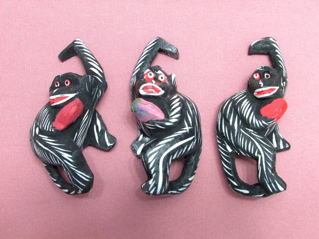 3 Pcs Vintage Black Hand Carved and Painted Wooden Hanging Monkeys