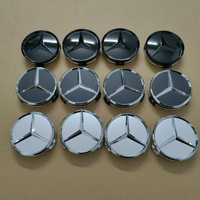 4x Mercedes Benz Wheel Center Caps Glossy BLACK 75mm Rim Emblem Hubcap Cover 3"