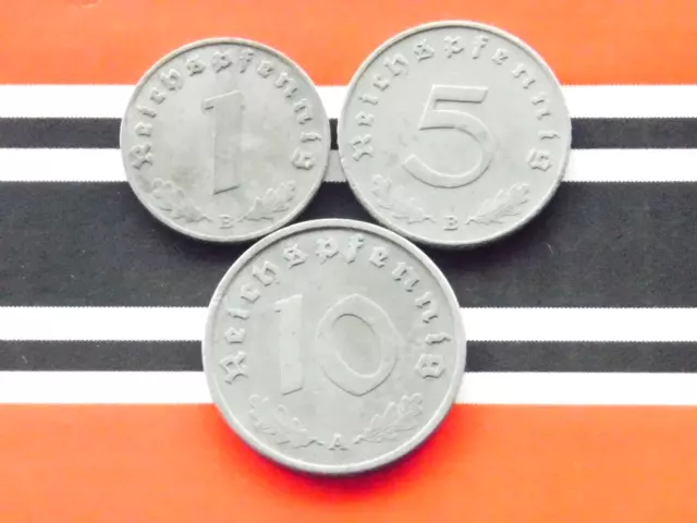 GERMAN Set 3x Coin 1 5 10 REICHSPFENNIG Zinc SWASTIKA 3rd Reich WW2 Rpf Artifact 2