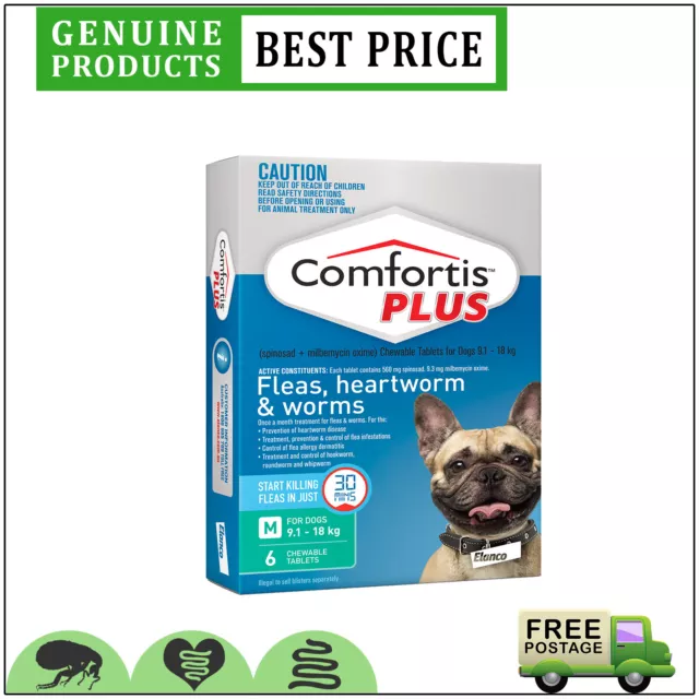 COMFORTIS PLUS GREEN Flea Heartworm treatment 6 Doses for Dogs 9.1 to 18 Kg