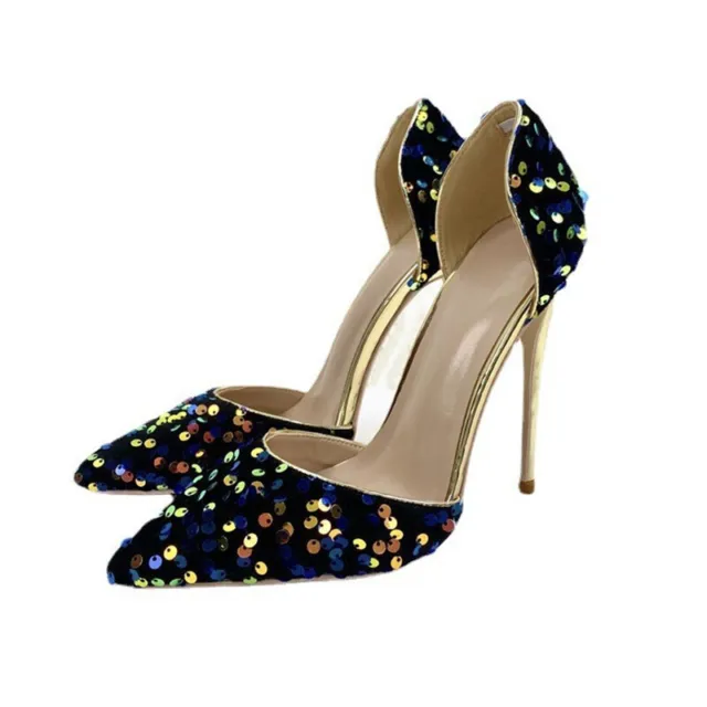 Women Glitter Sequins Pumps 12cm High Heels Pointed Toe Stilettos Party Shoes