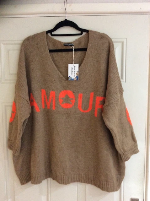 Maglione elasticizzato nuovo Made in Italy Lagenlook marrone lana e mohair - taglia unica nuovo con etichette