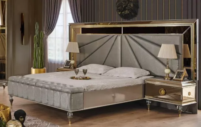 Lit Double Luxe Ensemble Chambre à Coucher Gris Nachttische Bois Set 3tlg
