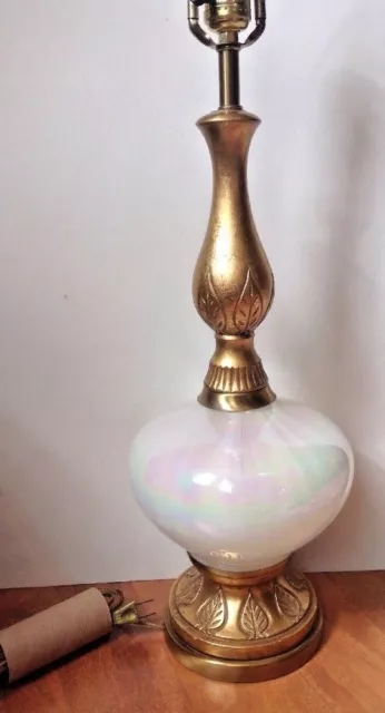 Vintage 1950s F.A.I.P. Lamp Opalescent Glass Gold Leaves Hollywood Regency Glam