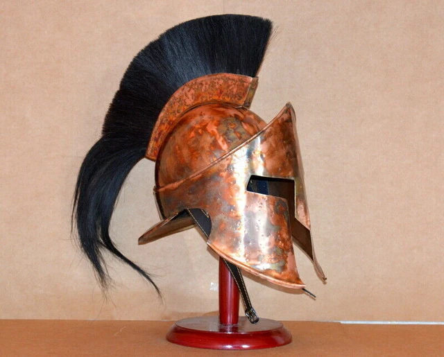 Casque Corinthien Grec – Acier 18 Gauge, Doublure Cuir, Plume Bleu/blanc, Circonférence 70 Cm, Réplique Spartiate