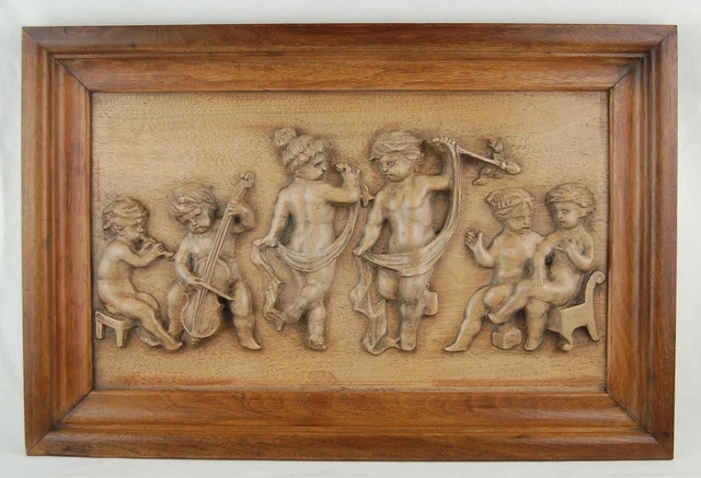 Antique Carved Wood Bas-Relief Furniture Panel Plaque Cherubs Putti Dancing