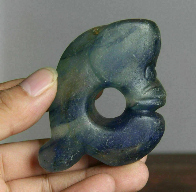 3.2" Ancient Hongshan Culture Old Blue Crystal Carved Pig Dragon Hook Pendant