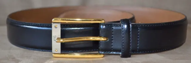 Vtg Ralph Lauren Womens Black Leather Belt Goldtone / Chrome Buckle Size Small