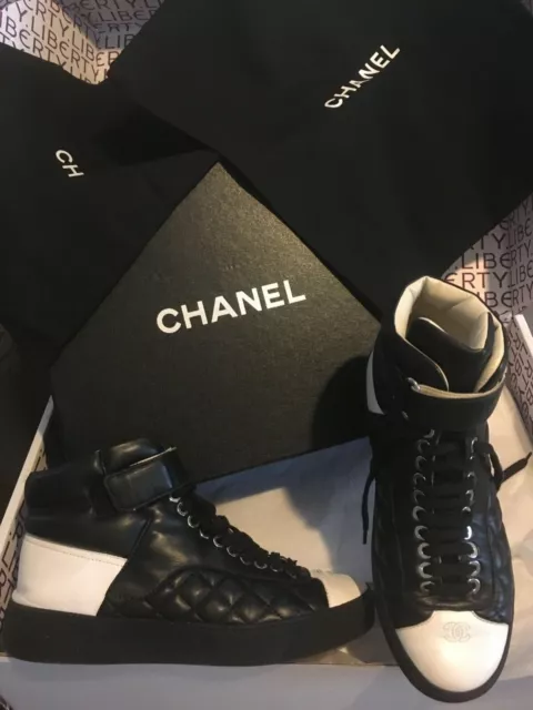CHANEL TENNIS HIGH Tops Black White Leather Quilted Cc Serial