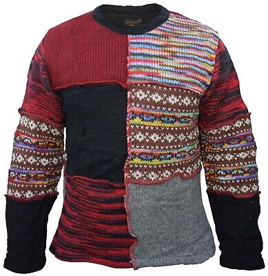 Mens Crew Neck Multicolor Patchwork Fleece Lined Wool Knit Winter Sweater Jumper