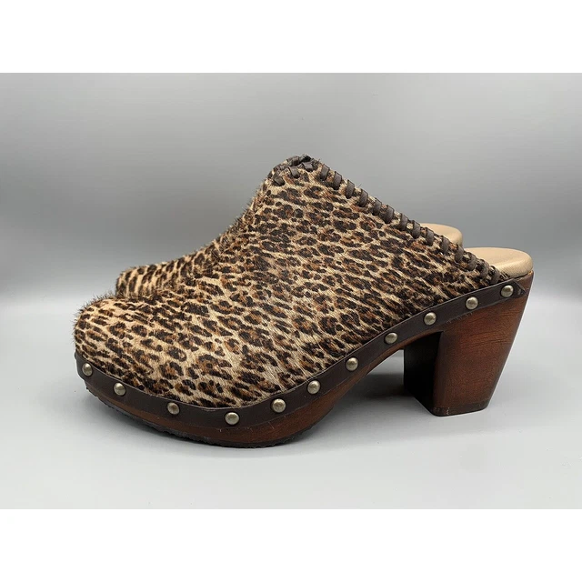 SALPY Studded Hand-Crafted Wooden Leather Leopard Clogs Slip-On Shoes Women Sz 6