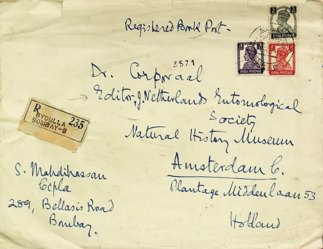 Indischem 1948 Post WWII 3v KGVI Auf Bombay Regd B/P Abdeckung Sich Amsterdam
