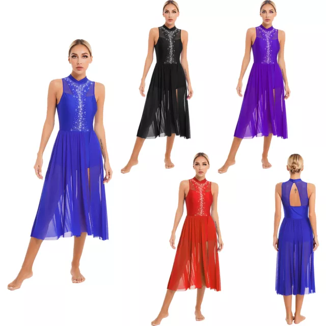 US Women Adult Lyrical Dance Dress Sleeveless Modern Costume Asymmetric Leotard 3