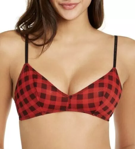 DKNY Women's Logo Mesh Wire-Free Bralette Red/Black Plaid Size Small- NWT