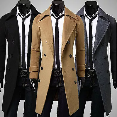 Mens Winter Formal Trench Coat Double Breasted Overcoat Long Wool Jacket Outwear