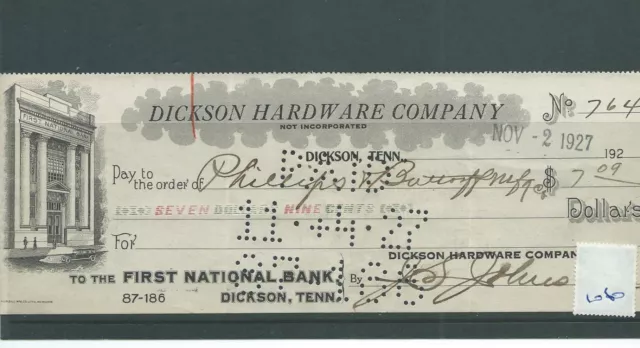wbc. - CHEQUE - CH1060 - USED -1927- FIRST NATIONAL BANK, DICKSON, TENN, USA