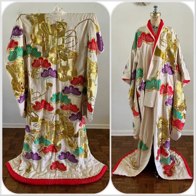 Heavily Embroidered Uchikake Japanese Wedding Kimono Robe Gold Moth Butterfly
