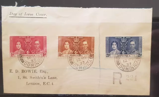 Dominica 1937 Coronation Set of 3 Registered Cover to London nice condition