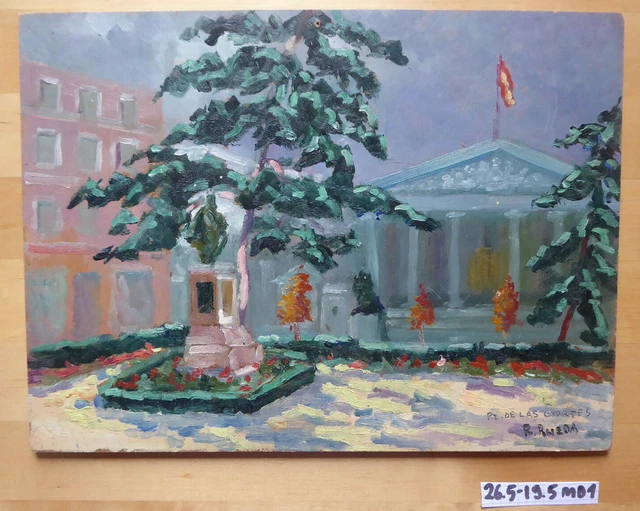 vieux-tableau-huile-espagnol-sign-rueda-plaza-de-laso-cortes-madrid