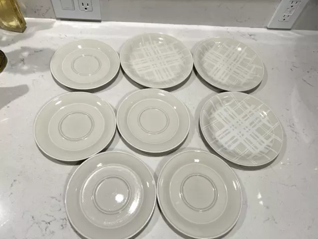 SANGO LINEAR Stoneware  WHITE SALAD PLATES 7 3/8" and Saucers Lot of 8 MINT