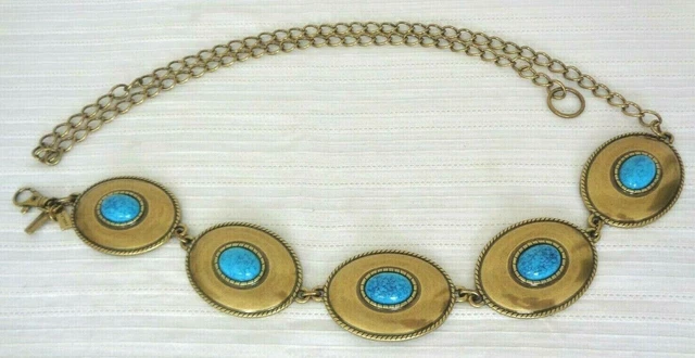 Chicos Women Link Belt 50" Turquoise Goldtone Metal Concho Chain Oval Medallion