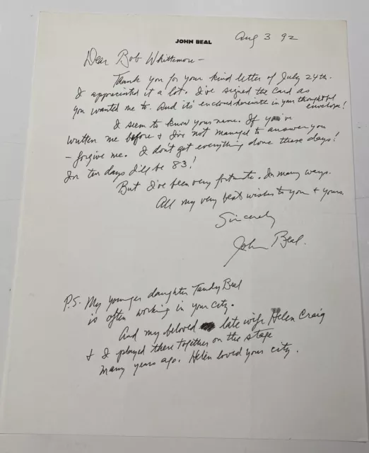 Original Handwritten Letter Signed John Beal Actor The Vampire Dark Shadows