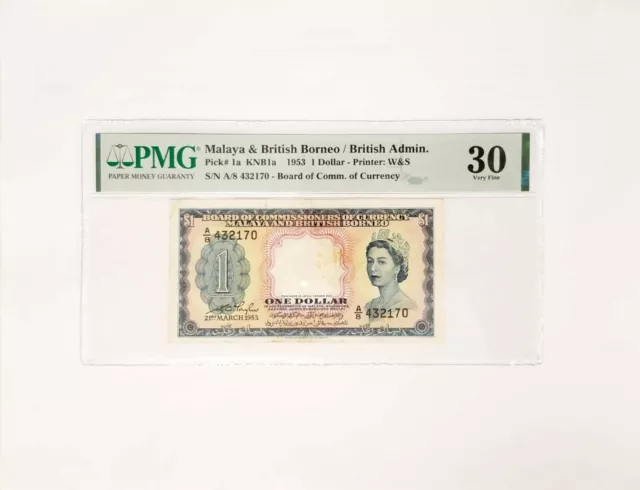 PMG 30 VERY  FINE 1953 MALAYA & BRITISH BORNEO 1 Dollar P#1a