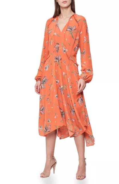 REISS Bay Floral Orange Tie Neck Fit and Flare Midi Dress UK 8 EU 36 USA 4