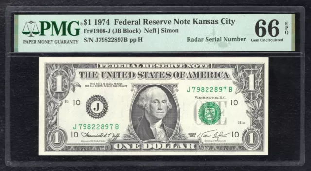 Fr 1908-J 1974 $1 Federal Reserve Note “Radar S/N J79822897B” Pmg Gem Unc-66Epq