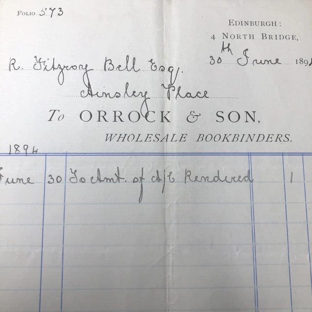 ANTIQUE LETTERHEAD Orrock & Son Bookbinders, Edinburgh, 4 North