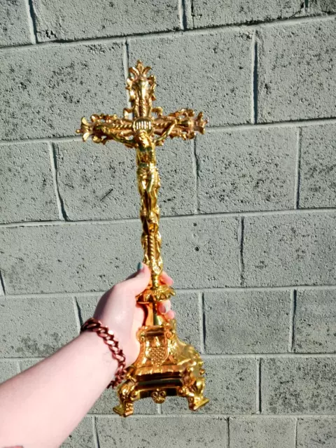 High Polished Church Brass Ornate Standing Scrollwork Altar Crucifix 16.25 In