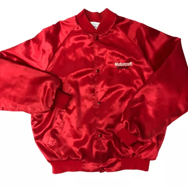 Vtg 80's West Ark USA Red Shiny SATIN Bomber Ford MOTORCRAFT RACING Jacket XL