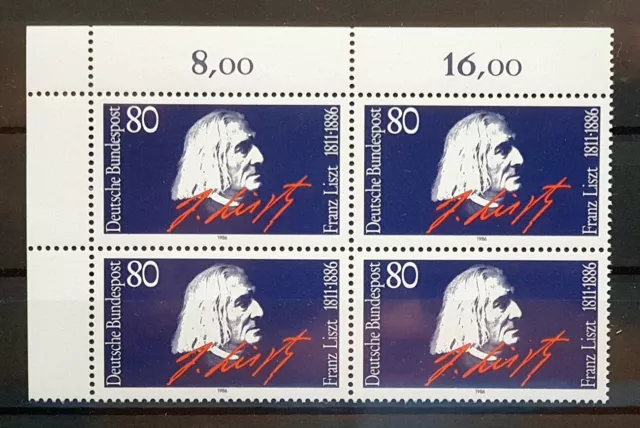 Bund 1986 ** Mi 1285 Franz Liszt im Eckrandviererblock 4er Ecke oben links (293)