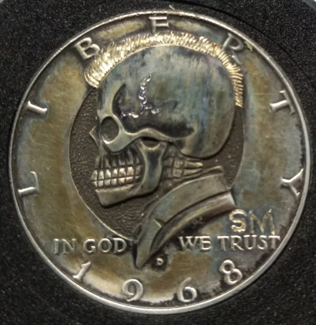 Half Dollar Hobo skull coin 1968 Kennedy Half Dollar Hand Carved Engraved