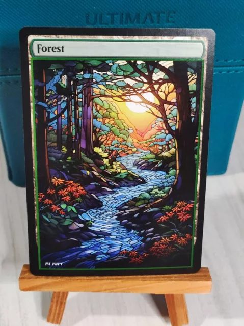 1x Stained Glass Forest #1 AI ART Custom Altered Basic Land MTG