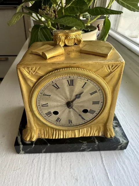 Antique French Empire Gilt Bronze Draped Table Clock Steel Engine Turned Dial 2