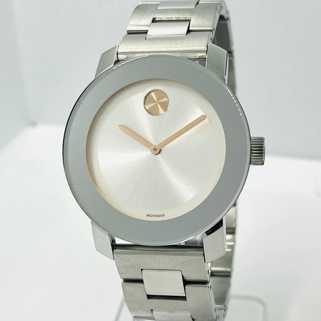 Movado Women's BOLD Silver St Steel Rose Gold Dot 36mm Watch 3600084 Best Seller
