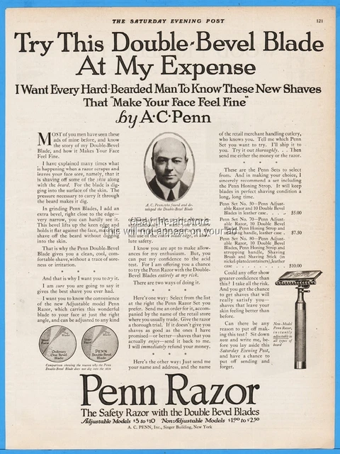 1920 Penn Safety Razor Double Bevel Blade Every Hard Bearded Man Shaving Ad