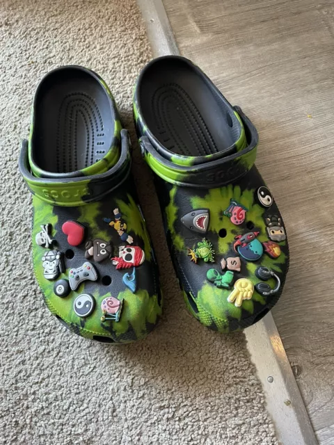 Crocs Original Clogs Lime Green Black Tie Dye pattern unisex sizing M-10 W-12