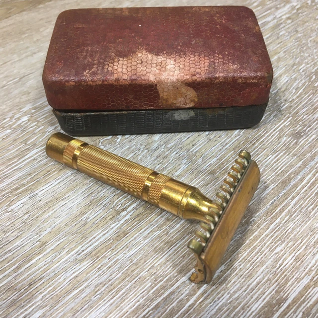 Vintage Gillette Gold Tone 3 Piece Safety Razor Reissue Pat. No. 17567 w Case