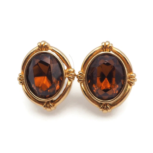Small Gold Tone Glass Brown Faceted Glass Stone Post Fashion Earrings .65 Inch