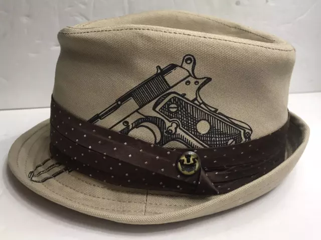 Goorin Bros Fedora Hat Beige Tan Gun Pistol Pistola Brown Band Size S 100-0820