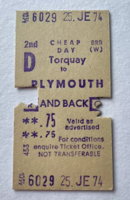 Vintage 1970s British Rail Train Ticket  TORQUAY to PLYMOUTH