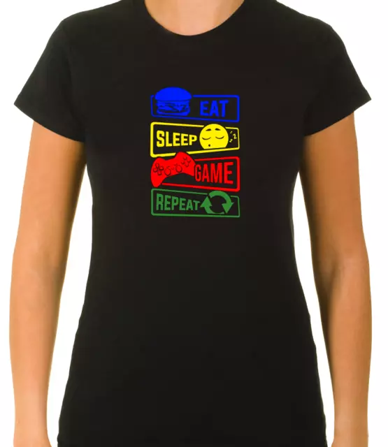 Eat Sleep Game Repeat Gamer Bianco 3/4 Maglietta manica corta donna F442