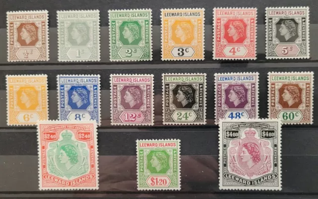 Leeward Islands Stamps. QEII 1954 Set × 15 Lightly Mounted Mint Stamps.