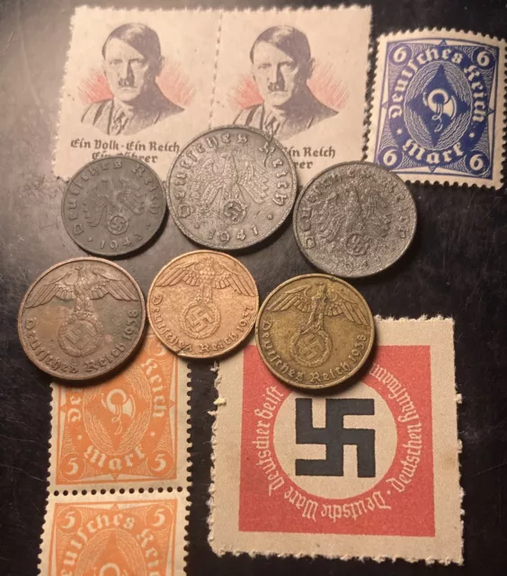 German Third Reich Nazi Coin Lot 1,2,5,10 Pfennig Coins W/ Stamp Lot Set WW2