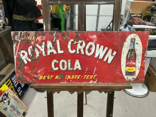 Vintage Metal Royal Crown RC Cola Sign w/Bottle PATINA for Days! Embossed