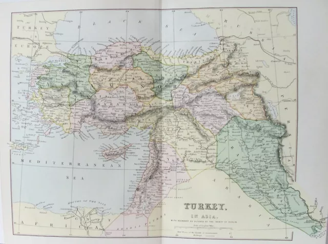 OLD ANTIQUE MAP TURKEY IN ASIA CYPRUS c1880's by W MACKENZIE PRINTED COLOUR