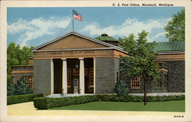 Post Office Marshall Michigan architecture flag ~ 1930s vintage postcard