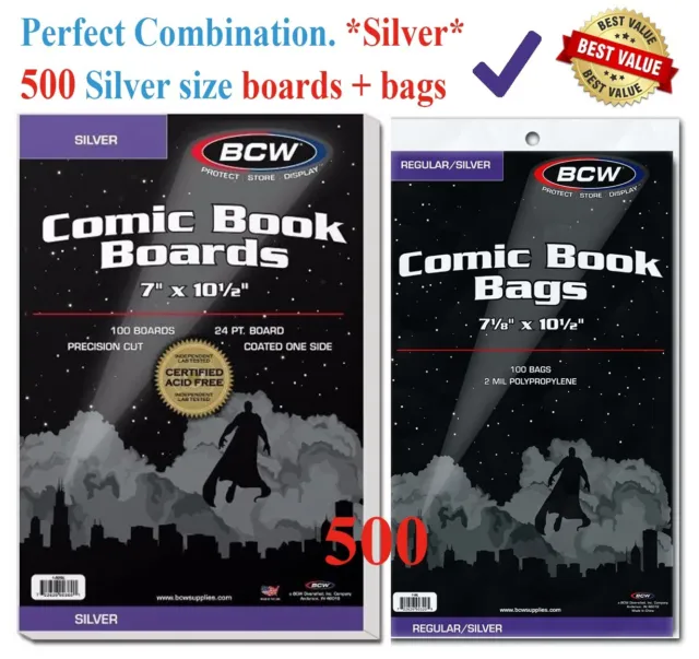 500 BCW Silver Era Comic Book Bags Sleeves + Acid Free Back Boards 7 x 10 1/2"